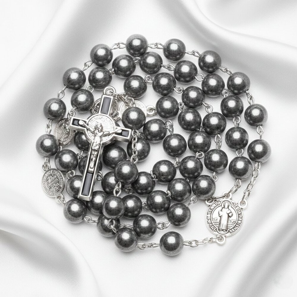 Hematite Beaded Catholic Rosary Prayer Crucifix Silver Tone Gothic Necklace NWOT - Picture 9 of 10